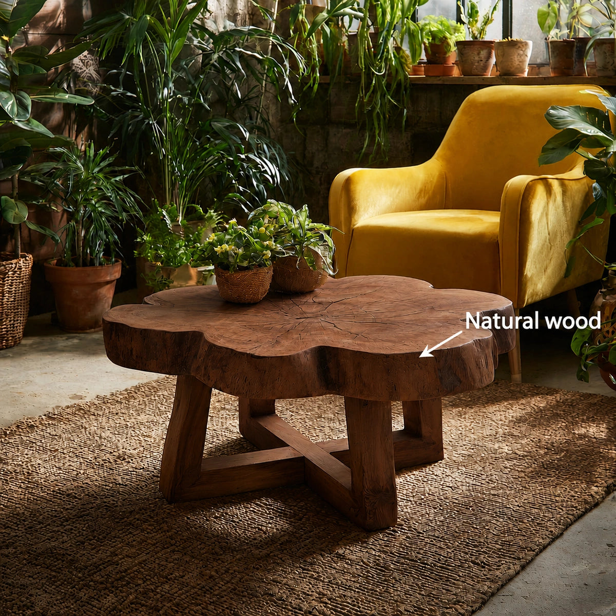 Natural Solid Wood Coffee Table with Organic Live Edge Top and Cross Base - Livewoodcraft - 10