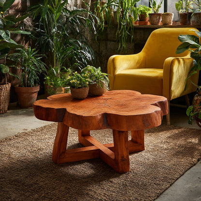 Natural Solid Wood Coffee Table with Organic Live Edge Top and Cross Base - Livewoodcraft - 2