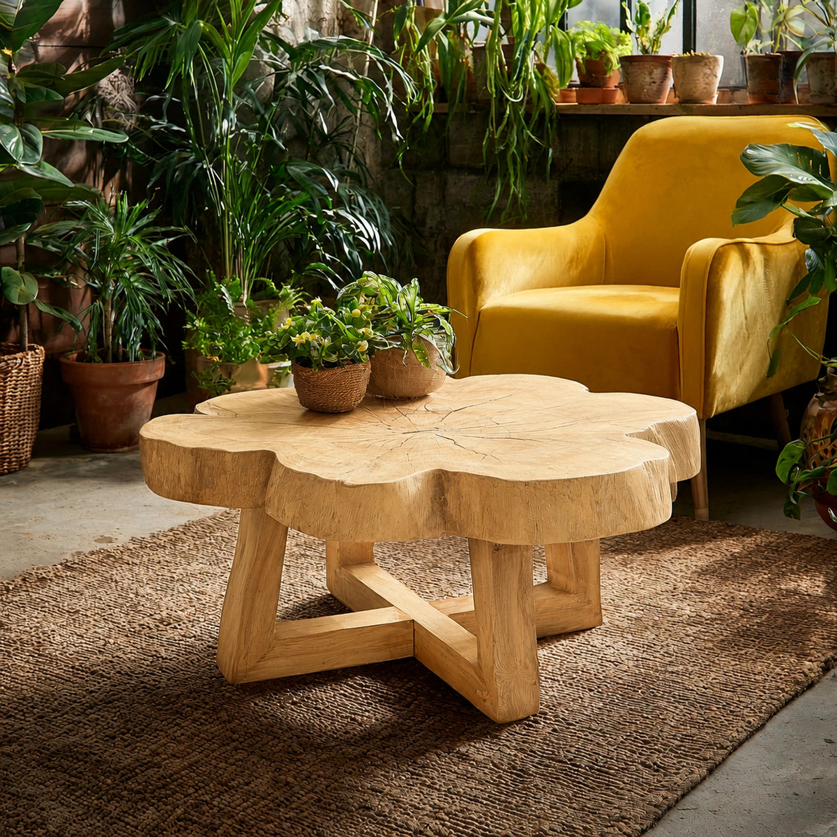 Natural Solid Wood Coffee Table with Organic Live Edge Top and Cross Base - Livewoodcraft - 3
