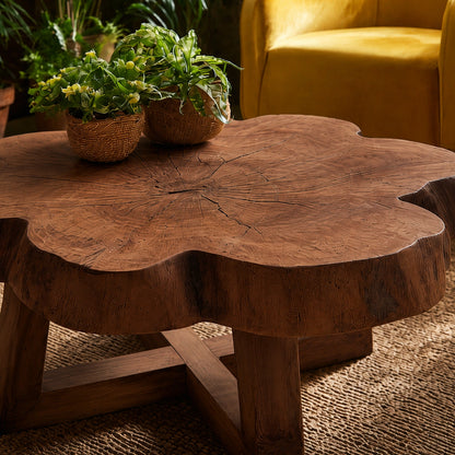 Natural Solid Wood Coffee Table with Organic Live Edge Top and Cross Base - Livewoodcraft - 5