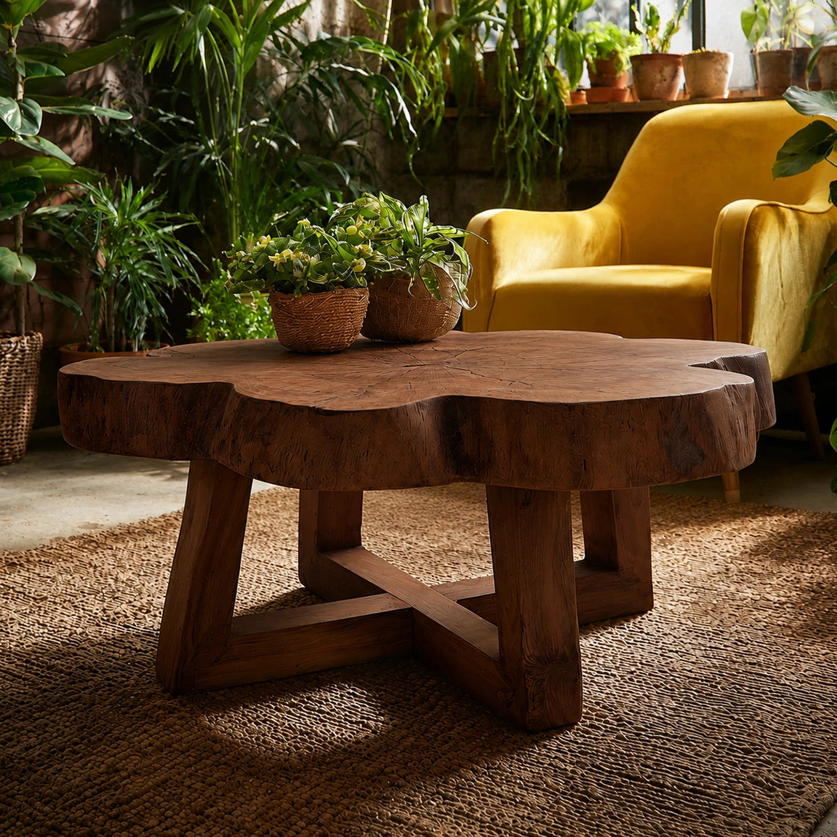 Natural Solid Wood Coffee Table with Organic Live Edge Top and Cross Base - Livewoodcraft - 8