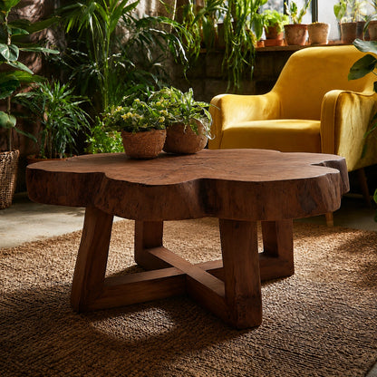 Natural Solid Wood Coffee Table with Organic Live Edge Top and Cross Base - Livewoodcraft - 8