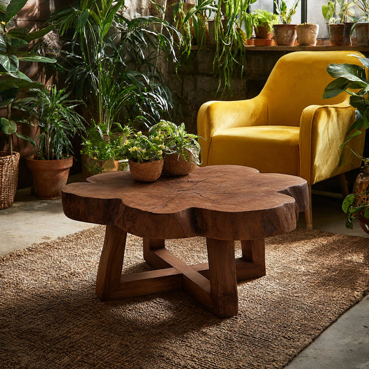 Natural Solid Wood Coffee Table with Organic Live Edge Top and Cross Base - Livewoodcraft