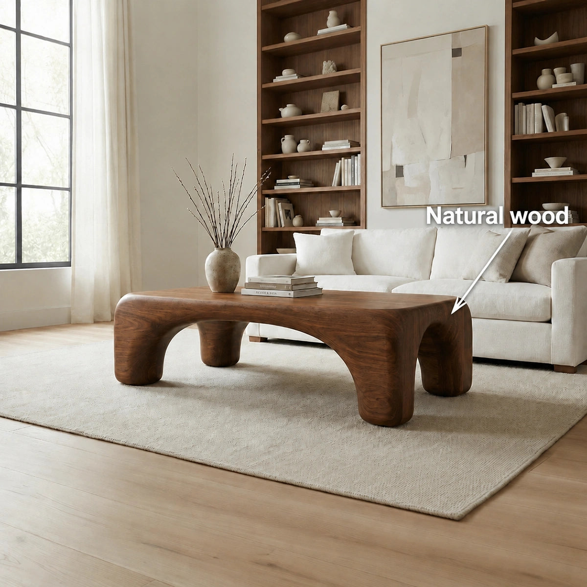 Natural Solid Wood Coffee Table with Rounded Top and Sculptural Arch Legs - Livewoodcraft - 10