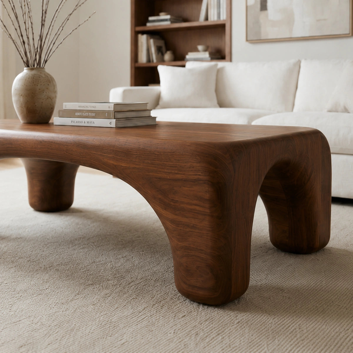 Natural Solid Wood Coffee Table with Rounded Top and Sculptural Arch Legs - Livewoodcraft - 2