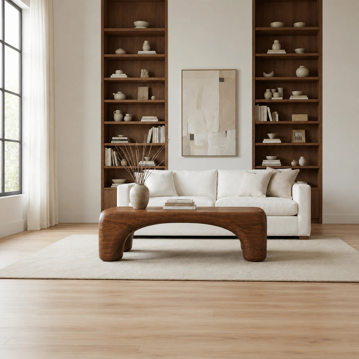 Natural Solid Wood Coffee Table with Rounded Top and Sculptural Arch Legs - Livewoodcraft - 3