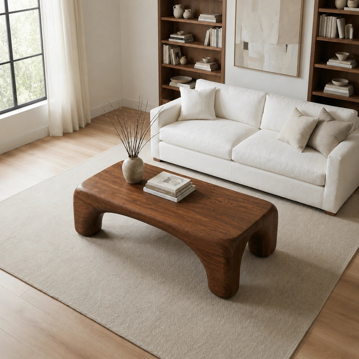Natural Solid Wood Coffee Table with Rounded Top and Sculptural Arch Legs - Livewoodcraft - 4