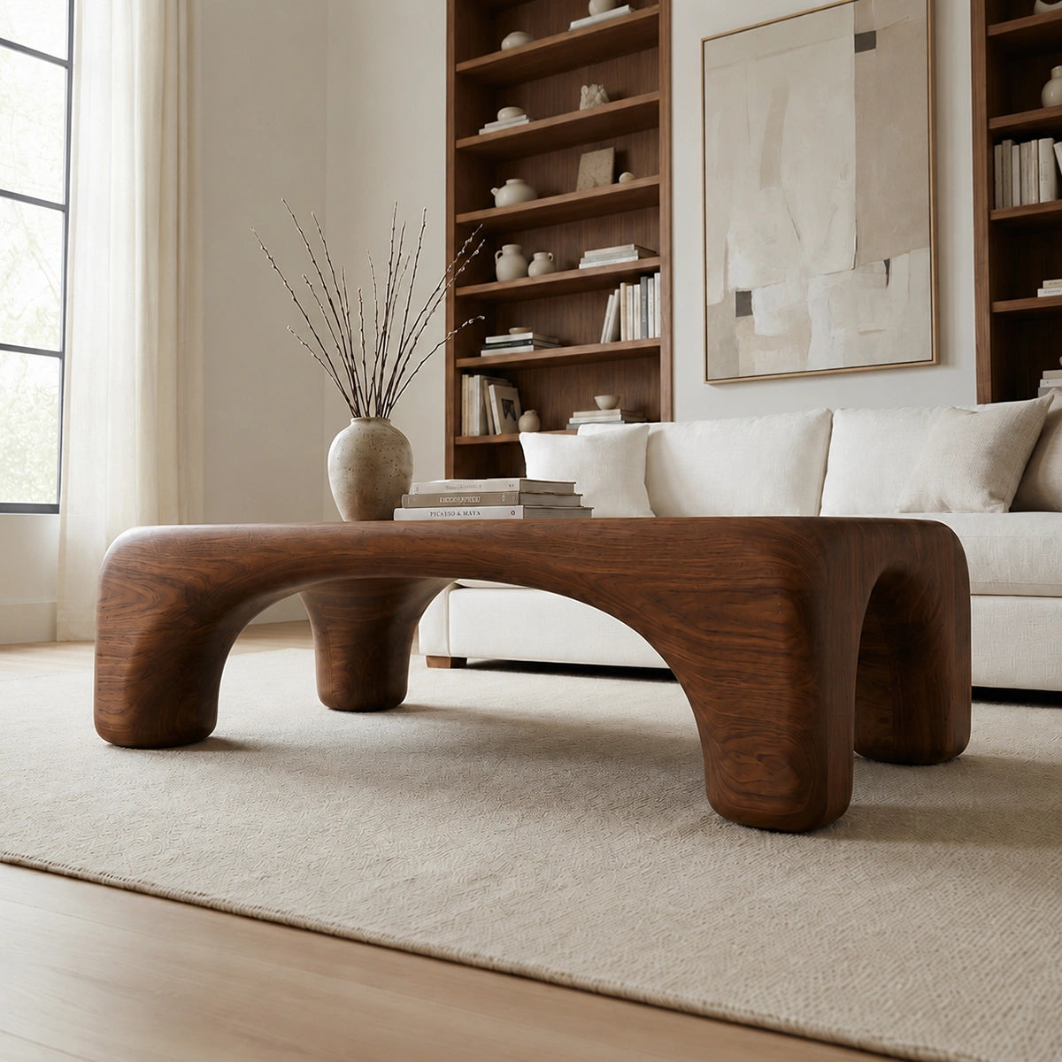 Natural Solid Wood Coffee Table with Rounded Top and Sculptural Arch Legs - Livewoodcraft - 5