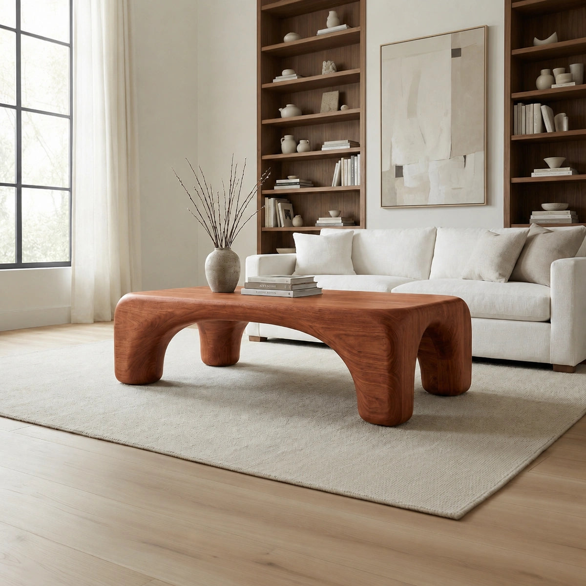 Natural Solid Wood Coffee Table with Rounded Top and Sculptural Arch Legs - Livewoodcraft - 6