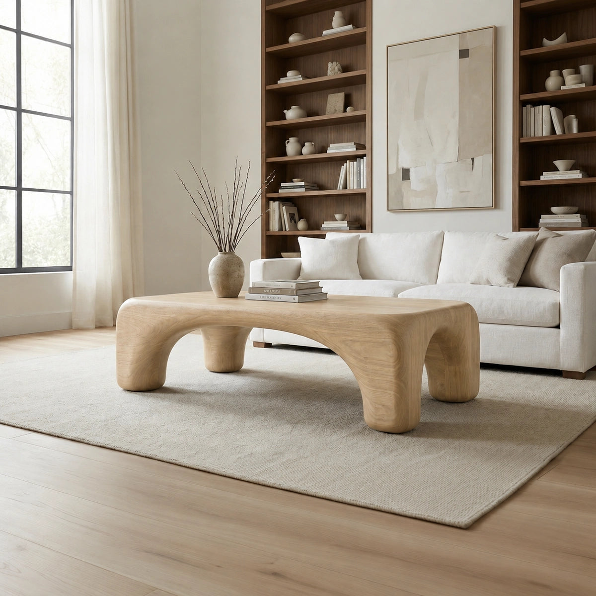 Natural Solid Wood Coffee Table with Rounded Top and Sculptural Arch Legs - Livewoodcraft - 7