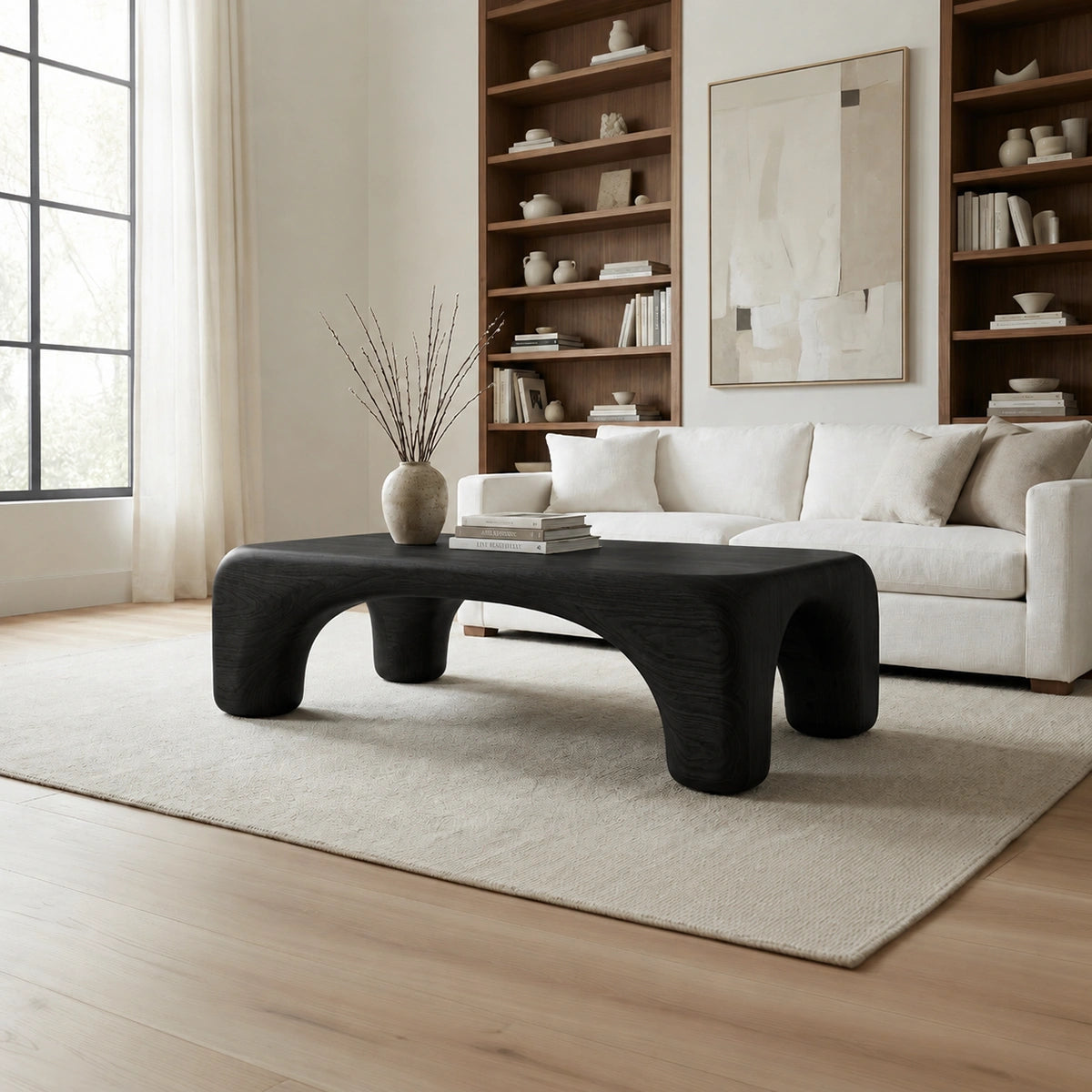 Natural Solid Wood Coffee Table with Rounded Top and Sculptural Arch Legs - Livewoodcraft - 8