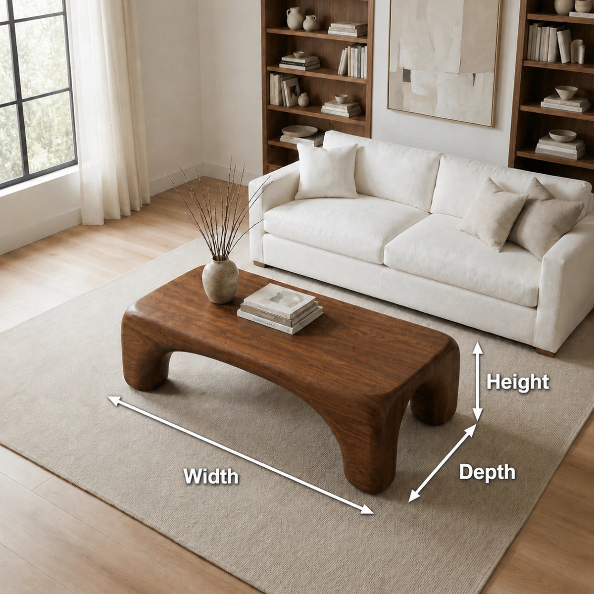 Natural Solid Wood Coffee Table with Rounded Top and Sculptural Arch Legs - Livewoodcraft - 9