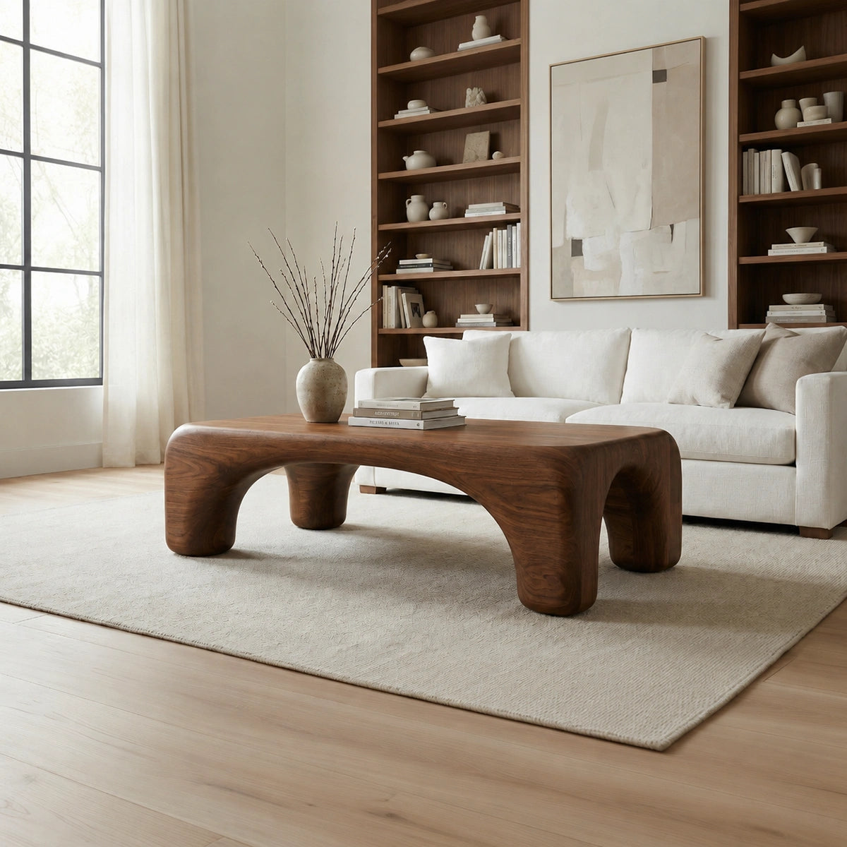 Natural Solid Wood Coffee Table with Rounded Top and Sculptural Arch Legs - Livewoodcraft