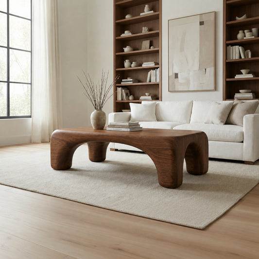 Natural Solid Wood Coffee Table with Rounded Top and Sculptural Arch Legs - Livewoodcraft