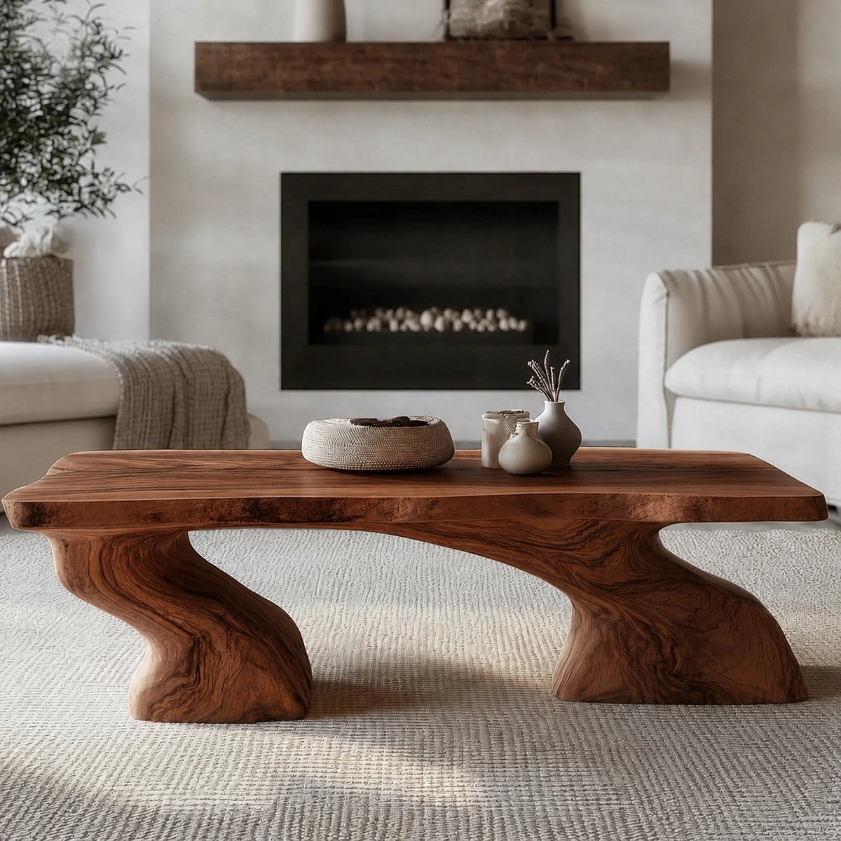Natural Solid Wood Coffee Table with Sculptural Curved Base - Livewoodcraft - 2