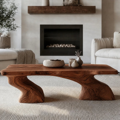 Natural Solid Wood Coffee Table with Sculptural Curved Base - Livewoodcraft - 2