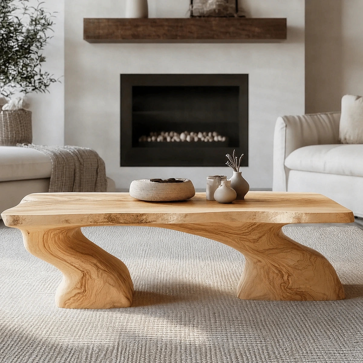 Natural Solid Wood Coffee Table with Sculptural Curved Base - Livewoodcraft - 3