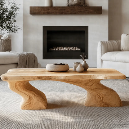 Natural Solid Wood Coffee Table with Sculptural Curved Base - Livewoodcraft - 3