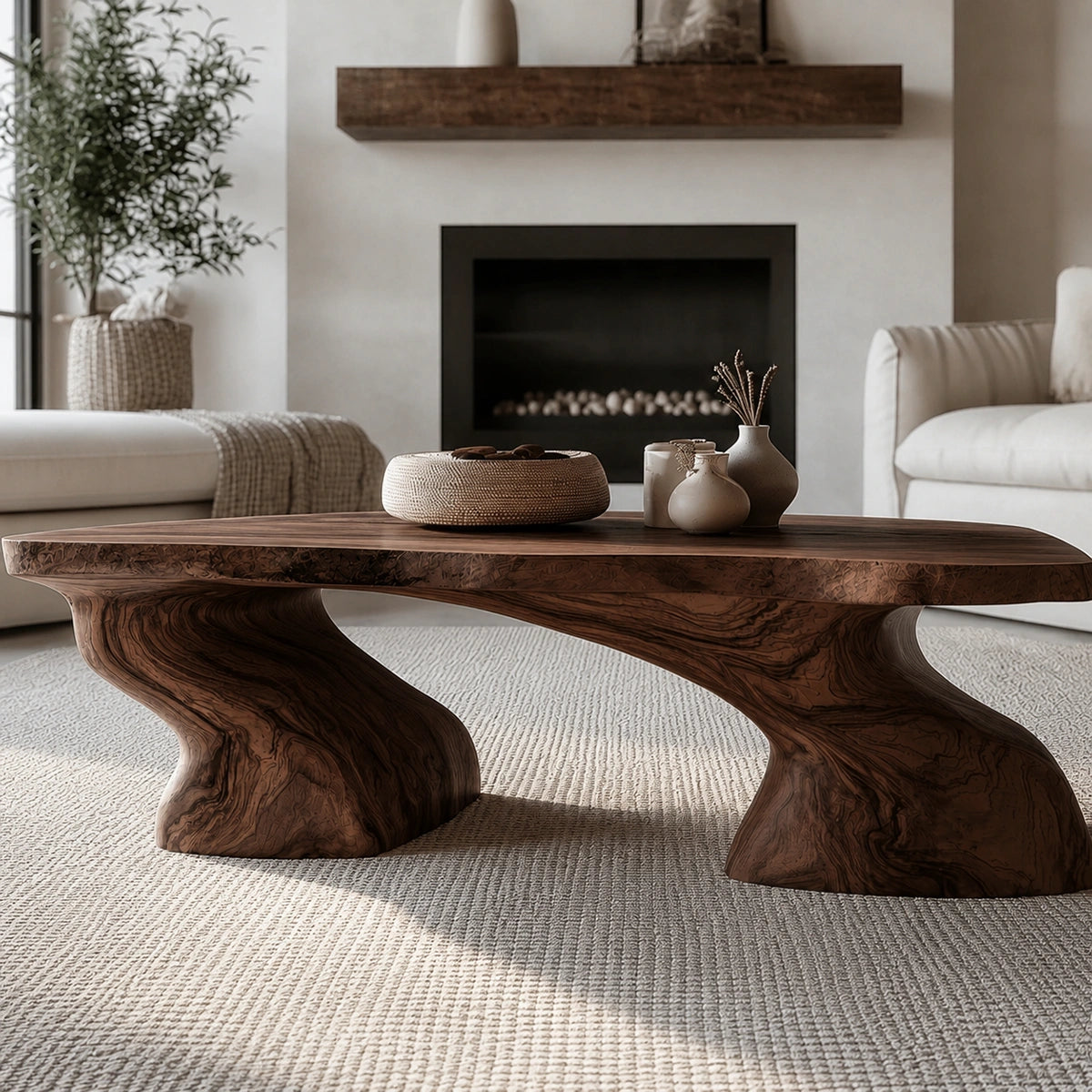 Natural Solid Wood Coffee Table with Sculptural Curved Base - Livewoodcraft - 7
