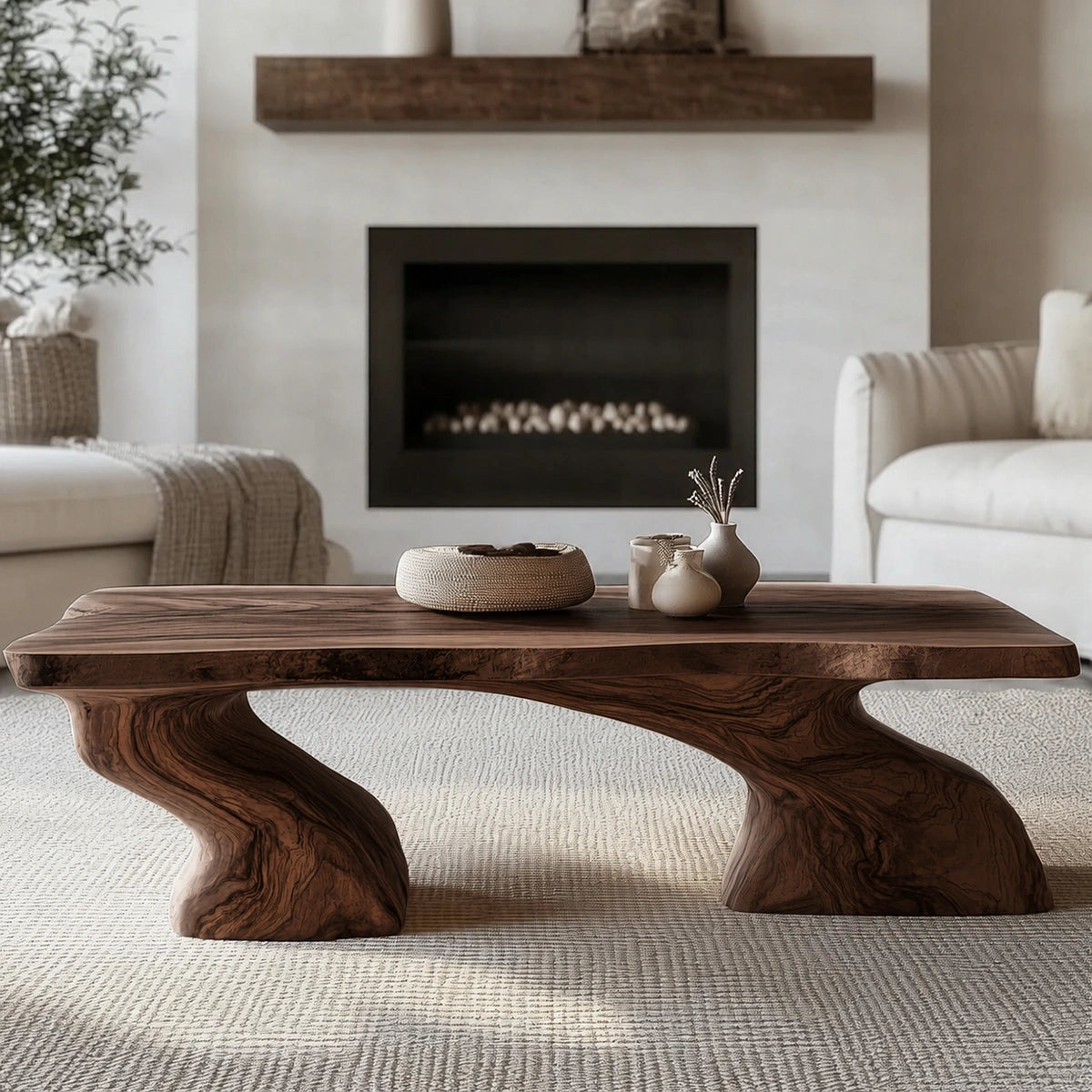 Natural Solid Wood Coffee Table with Sculptural Curved Base - Livewoodcraft - 8