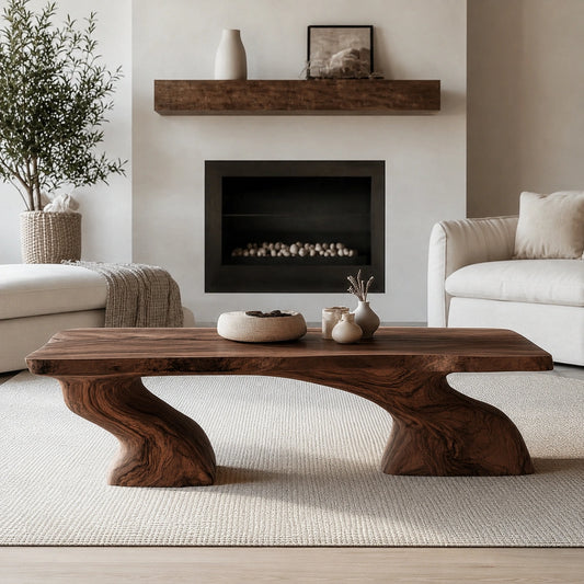 Natural Solid Wood Coffee Table with Sculptural Curved Base - Livewoodcraft