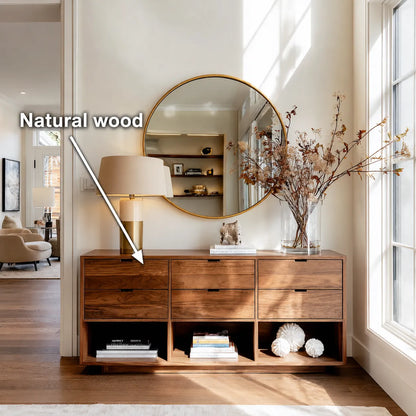 Natural Solid Wood Console Cabinet with Drawers and Open Display Shelves - Livewoodcraft - 10