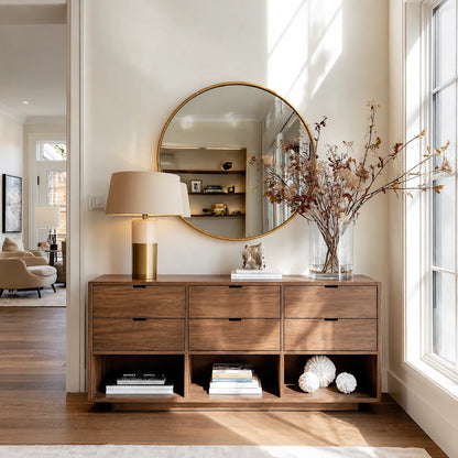Natural Solid Wood Console Cabinet with Drawers and Open Display Shelves - Livewoodcraft - 2