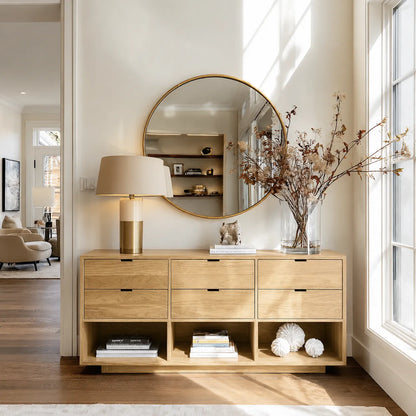 Natural Solid Wood Console Cabinet with Drawers and Open Display Shelves - Livewoodcraft - 3