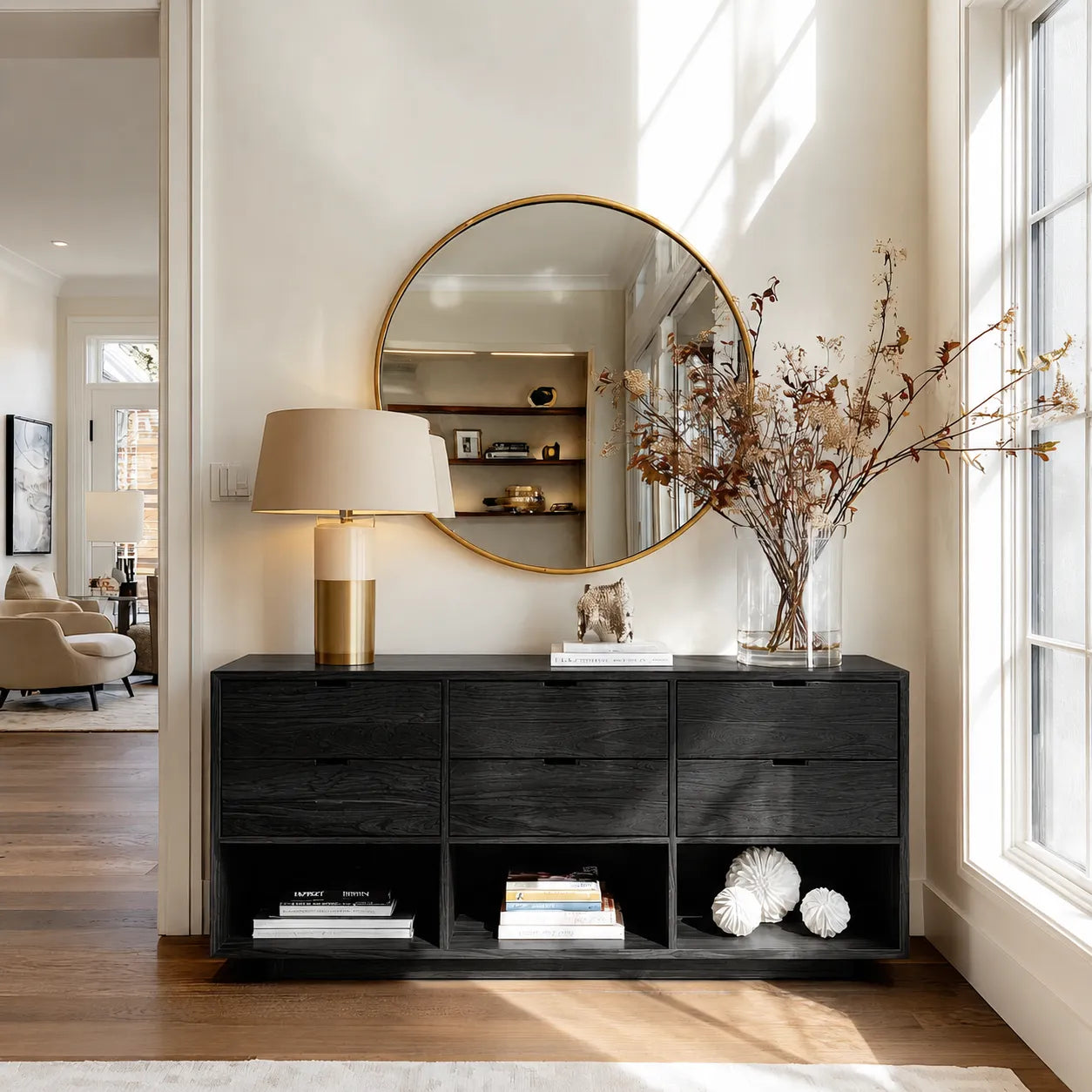 Natural Solid Wood Console Cabinet with Drawers and Open Display Shelves - Livewoodcraft - 4