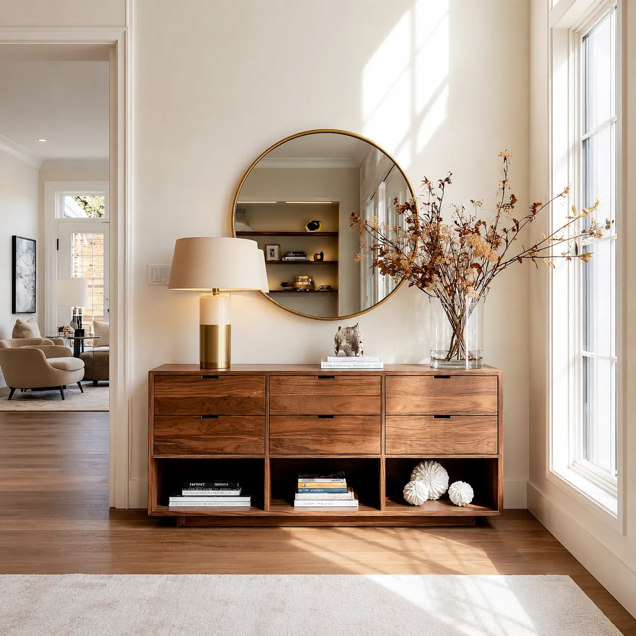 Natural Solid Wood Console Cabinet with Drawers and Open Display Shelves - Livewoodcraft - 5