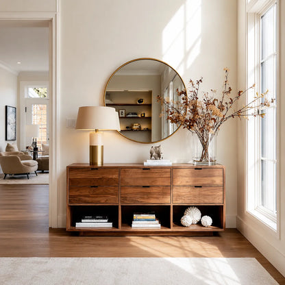 Natural Solid Wood Console Cabinet with Drawers and Open Display Shelves - Livewoodcraft - 5
