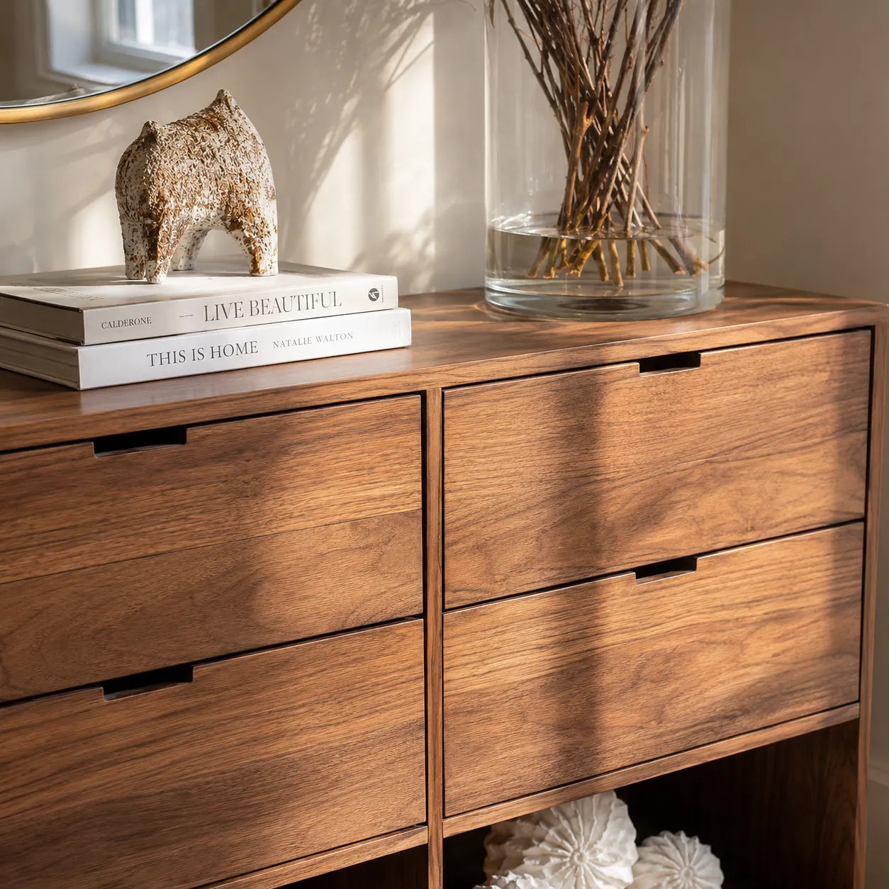 Natural Solid Wood Console Cabinet with Drawers and Open Display Shelves - Livewoodcraft - 6