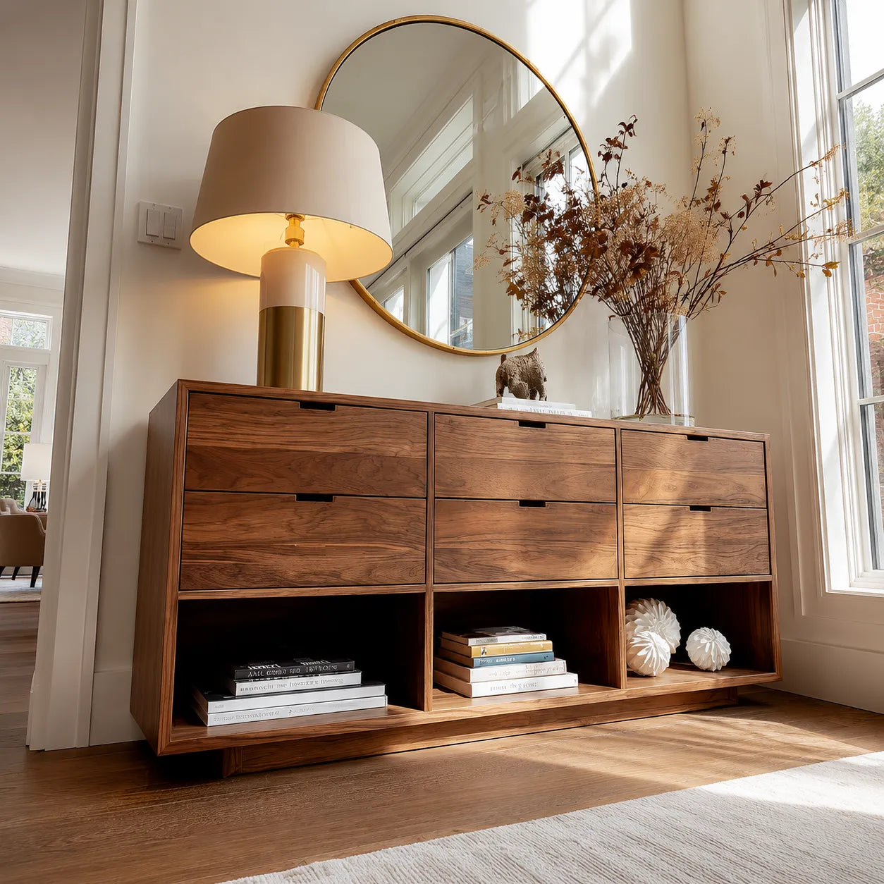 Natural Solid Wood Console Cabinet with Drawers and Open Display Shelves - Livewoodcraft - 7