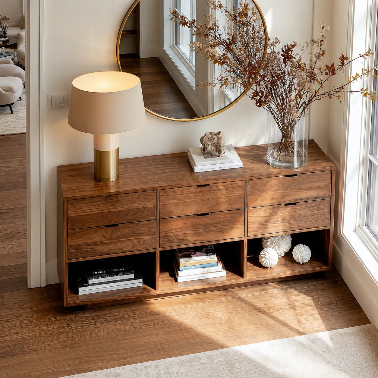 Natural Solid Wood Console Cabinet with Drawers and Open Display Shelves - Livewoodcraft - 8