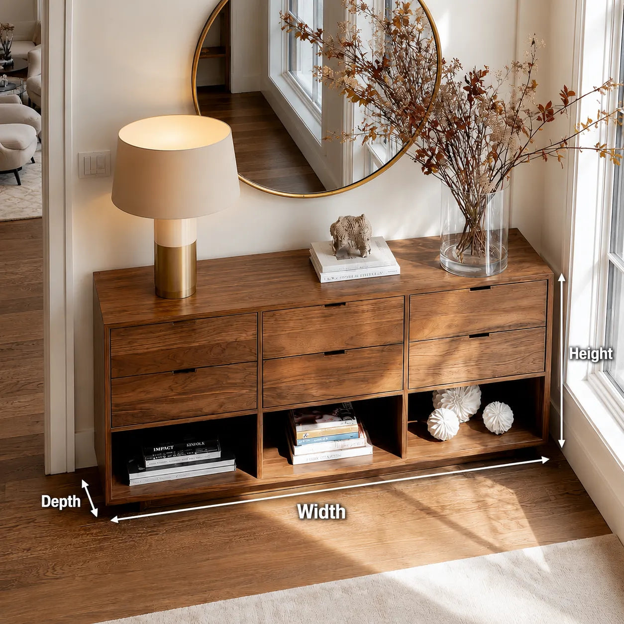 Natural Solid Wood Console Cabinet with Drawers and Open Display Shelves - Livewoodcraft - 9