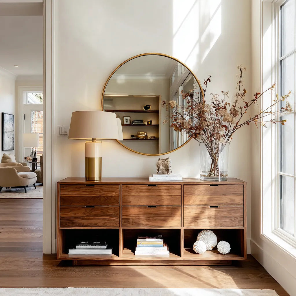 Natural Solid Wood Console Cabinet with Drawers and Open Display Shelves - Livewoodcraft
