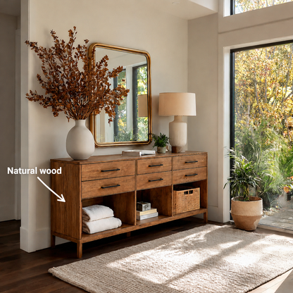 Natural Solid Wood Console Cabinet with Drawers and Open Storage Shelves - Livewoodcraft - 10