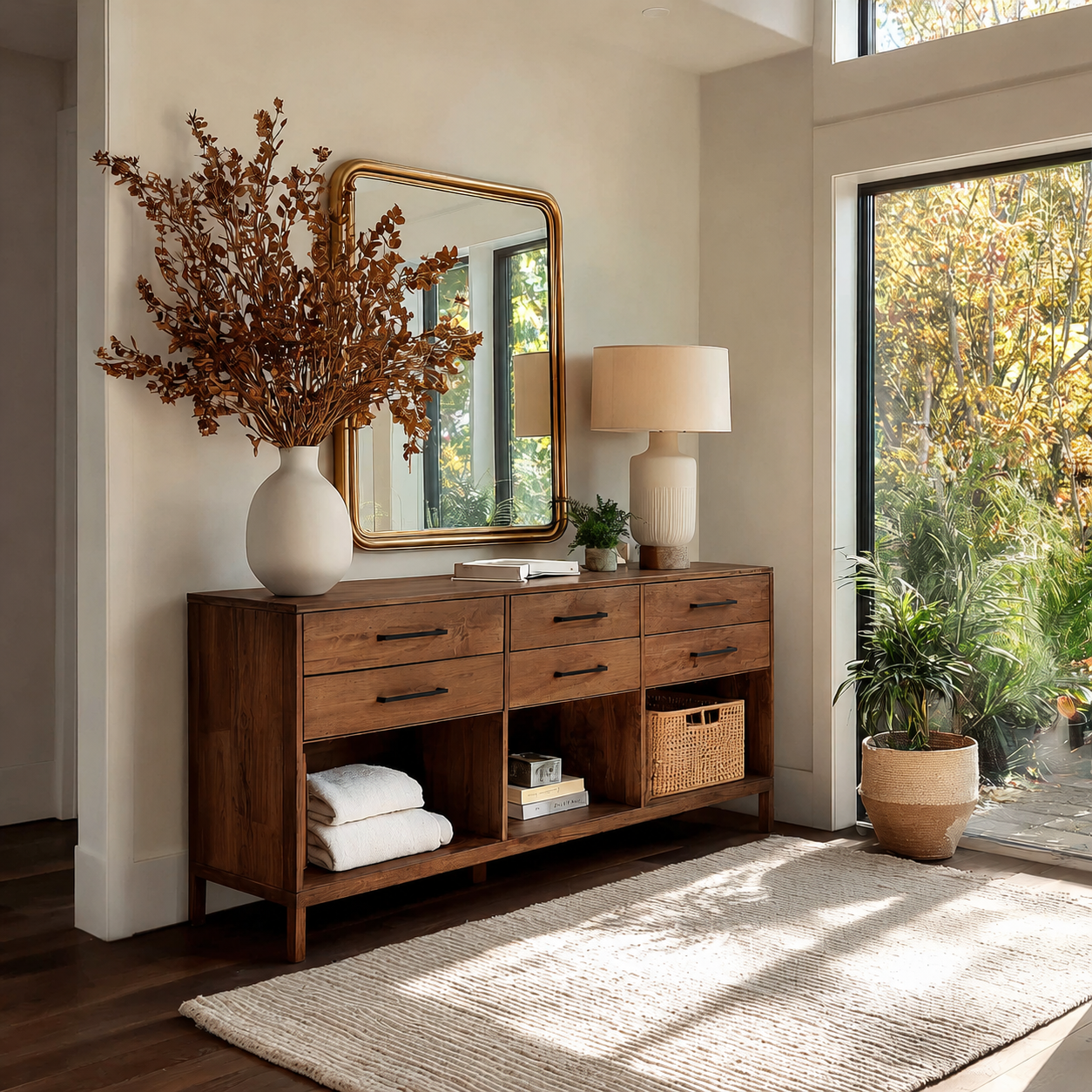 Natural Solid Wood Console Cabinet with Drawers and Open Storage Shelves - Livewoodcraft - 2