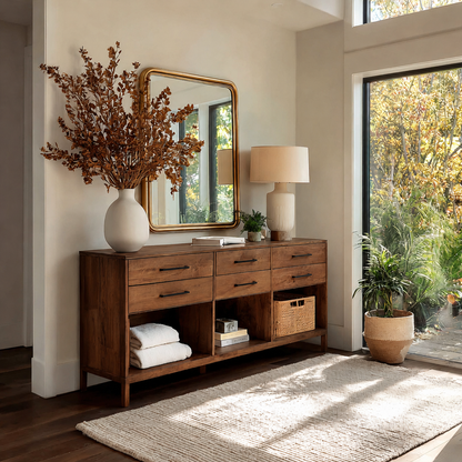 Natural Solid Wood Console Cabinet with Drawers and Open Storage Shelves - Livewoodcraft - 2
