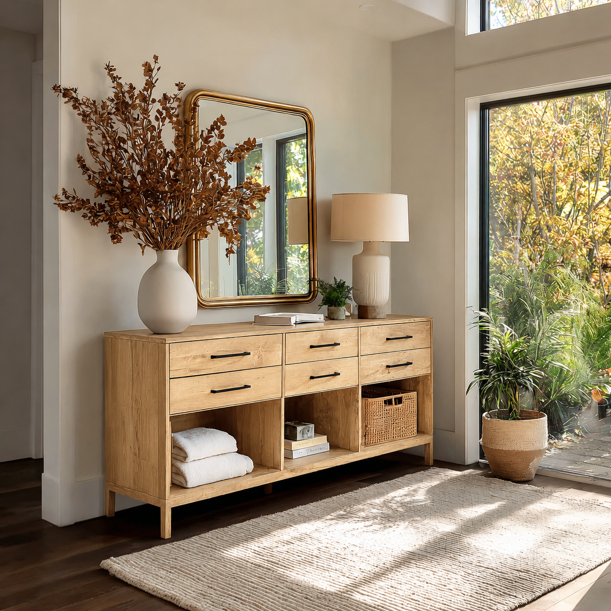 Natural Solid Wood Console Cabinet with Drawers and Open Storage Shelves - Livewoodcraft - 3