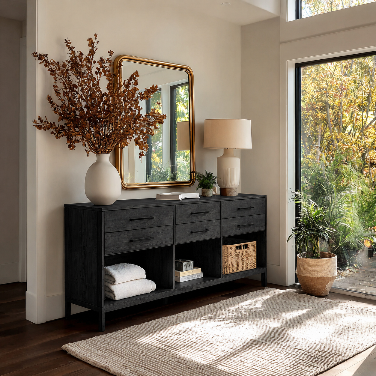 Natural Solid Wood Console Cabinet with Drawers and Open Storage Shelves - Livewoodcraft - 4