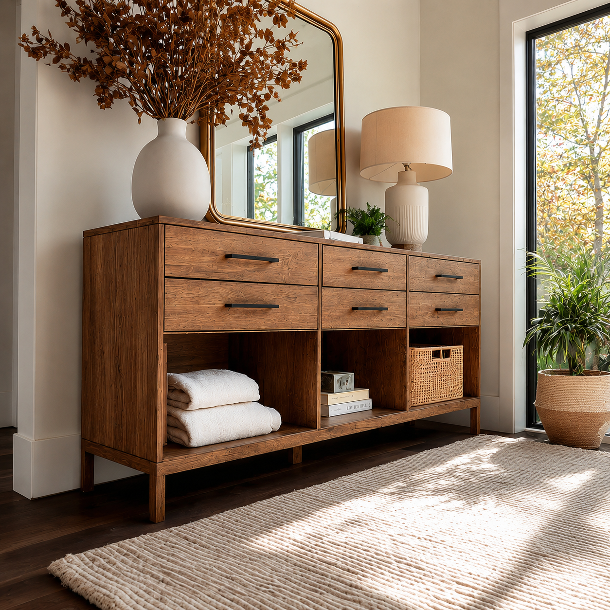Natural Solid Wood Console Cabinet with Drawers and Open Storage Shelves - Livewoodcraft - 5