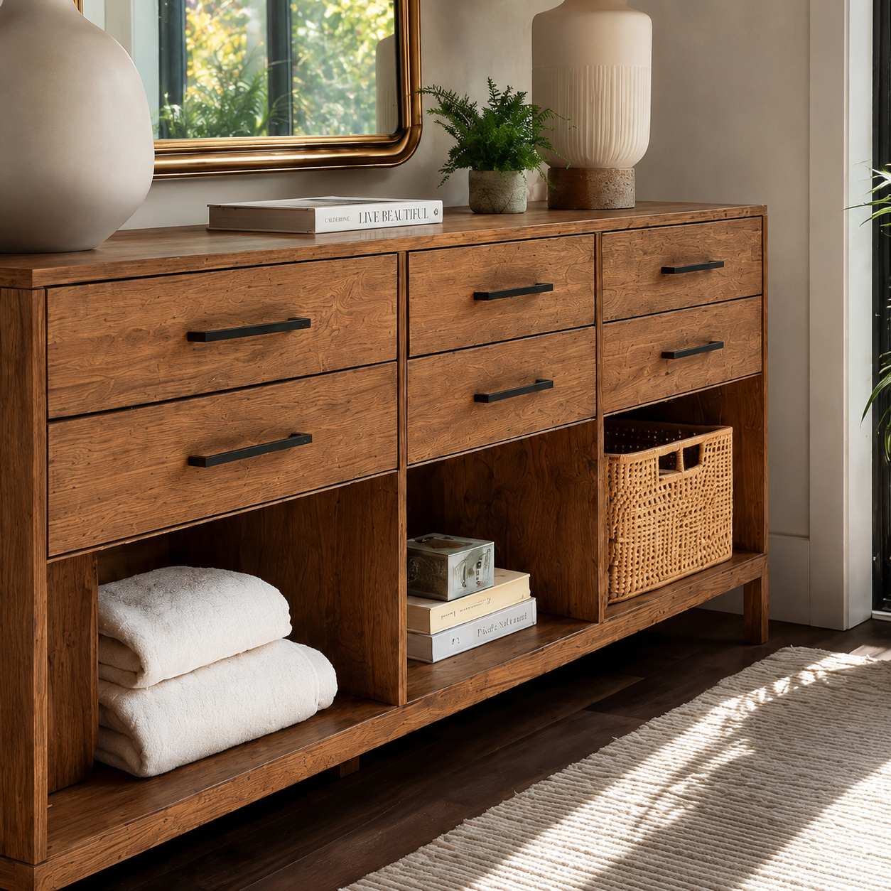 Natural Solid Wood Console Cabinet with Drawers and Open Storage Shelves - Livewoodcraft - 6