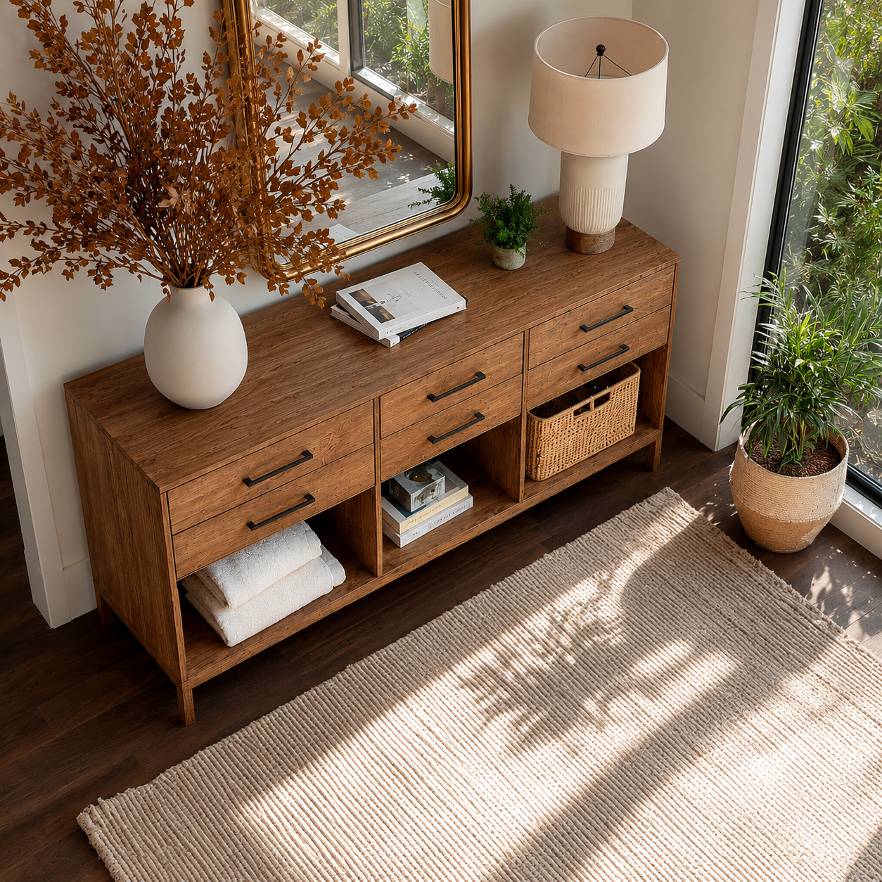 Natural Solid Wood Console Cabinet with Drawers and Open Storage Shelves - Livewoodcraft - 7