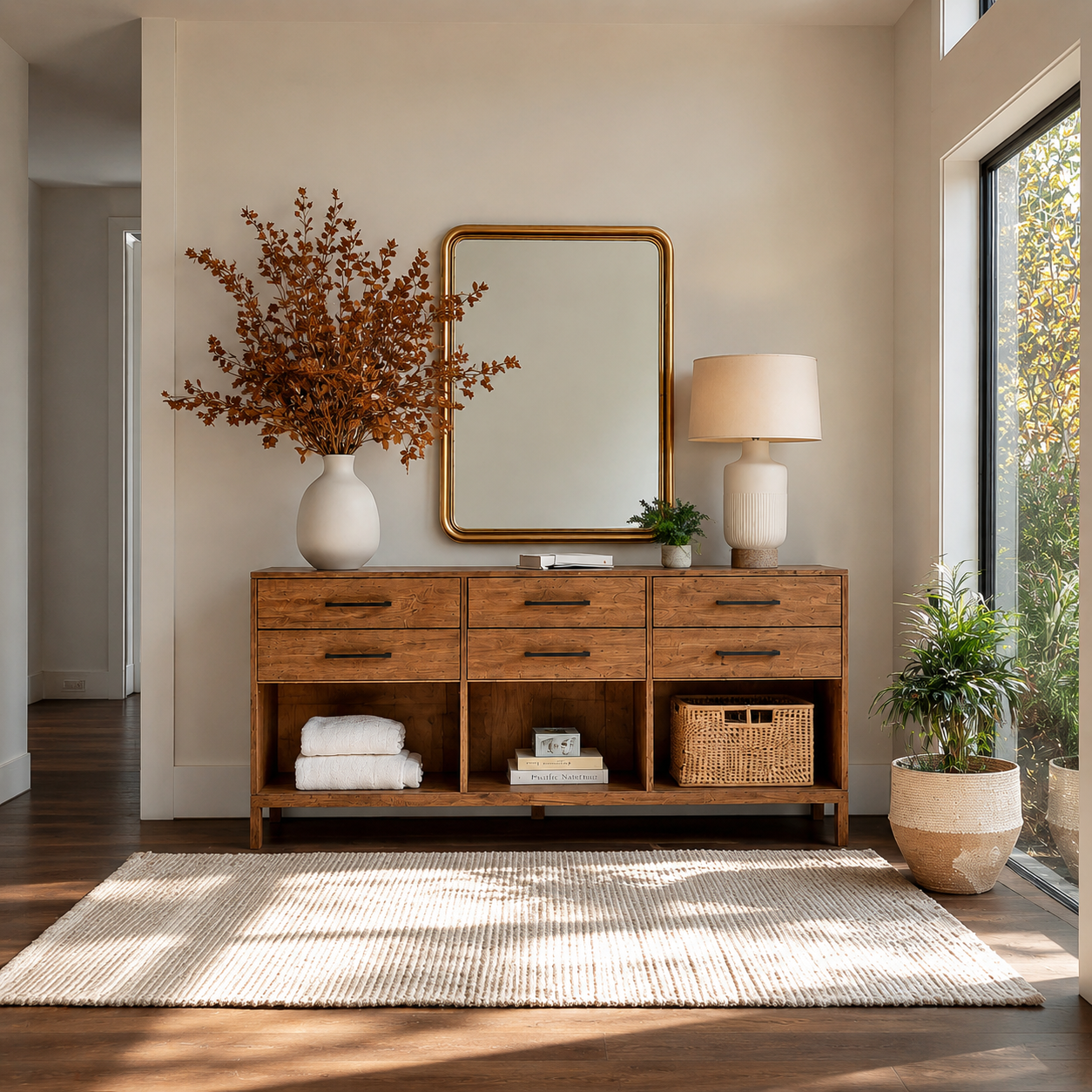 Natural Solid Wood Console Cabinet with Drawers and Open Storage Shelves - Livewoodcraft - 8