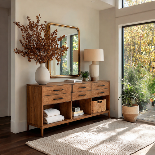 Natural Solid Wood Console Cabinet with Drawers and Open Storage Shelves - Livewoodcraft