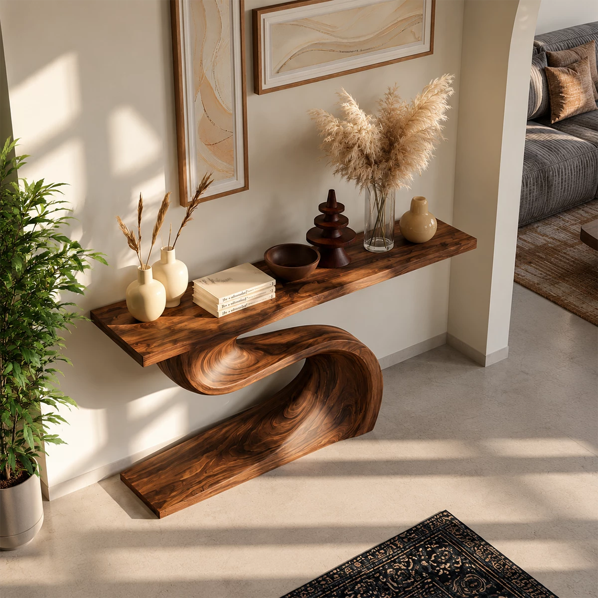 Natural Solid Wood Console Table Flowing Wave Wabi Sabi Style - Livewoodcraft - 6