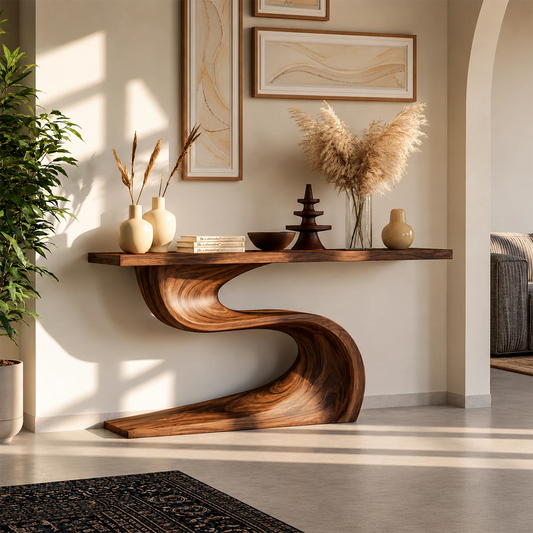 Natural Solid Wood Console Table Flowing Wave Wabi Sabi Style - Livewoodcraft
