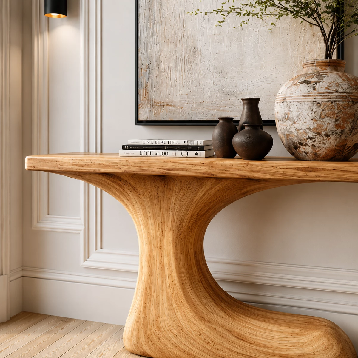 Natural Solid Wood Console Table Sculptural Crescent Modern Style - Livewoodcraft - 5