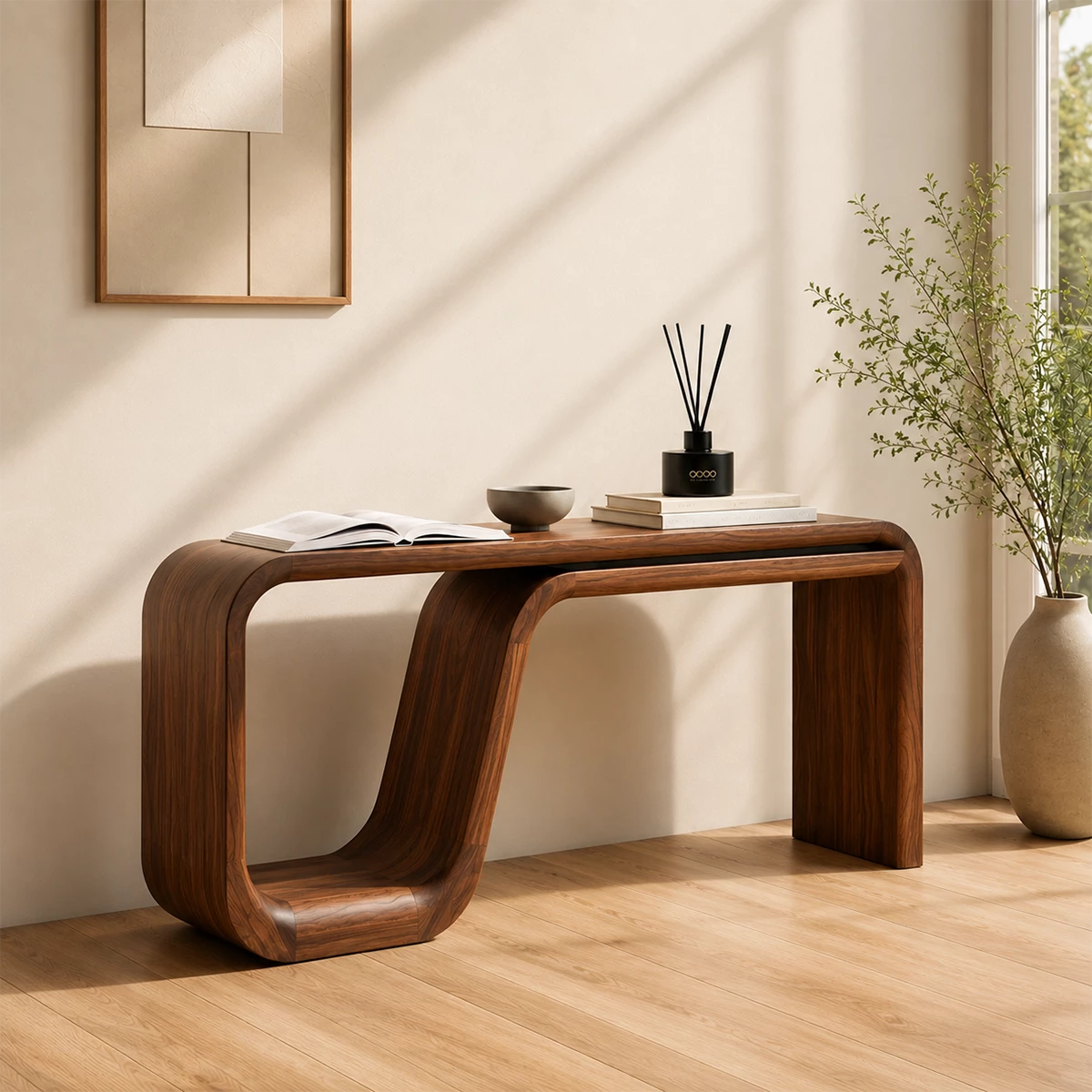 Natural Solid Wood Console Table Sculptural Double Loop Modern Style - Livewoodcraft